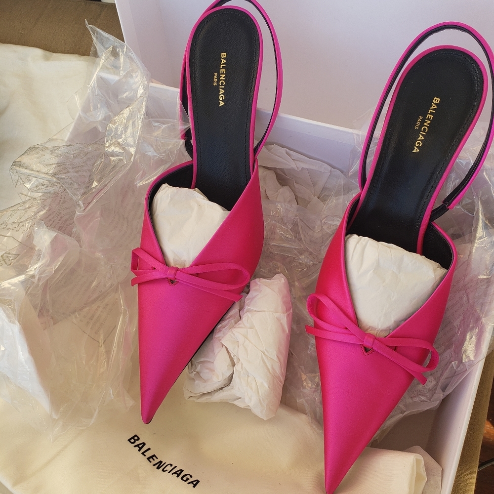 ￼Balenciaga Shoes | Knife Slingback Satin Mules Pumps, Fuchsia,(Size US 7.5),NEW